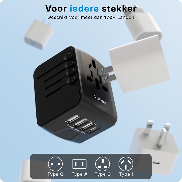 Voomy Travel Y20 - Reisstekker Wereld - 170+ Landen - 4 USB Poorten - Wereldstekker Universeel - Zwart // Zwart