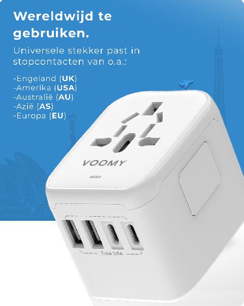 Voomy Travel Y25 - Reisstekker Wereld - 170+ Landen - 2 USB-A & 2 USB-C - Wereldstekker Universeel - Wit // Wit