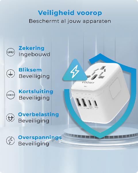 Voomy Travel Y25 - Reisstekker Wereld - 170+ Landen - 2 USB-A & 2 USB-C - Wereldstekker Universeel - Wit // Wit