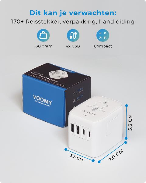 Voomy Travel Y25 - Reisstekker Wereld - 170+ Landen - 2 USB-A & 2 USB-C - Wereldstekker Universeel - Wit // Wit