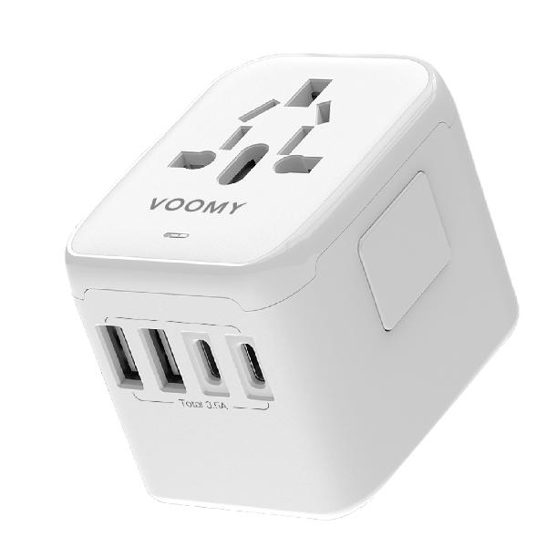 Voomy Travel Y25 - Reisstekker Wereld - 170+ Landen - 2 USB-A & 2 USB-C - Wereldstekker Universeel - Wit // Wit