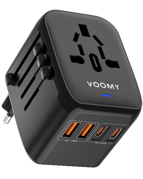 Voomy Travel Y26 - 20W - Reisstekker Wereld - 170+ Landen - 4 USB Poorten - Wereldstekker Universeel - Zwart // Zwart