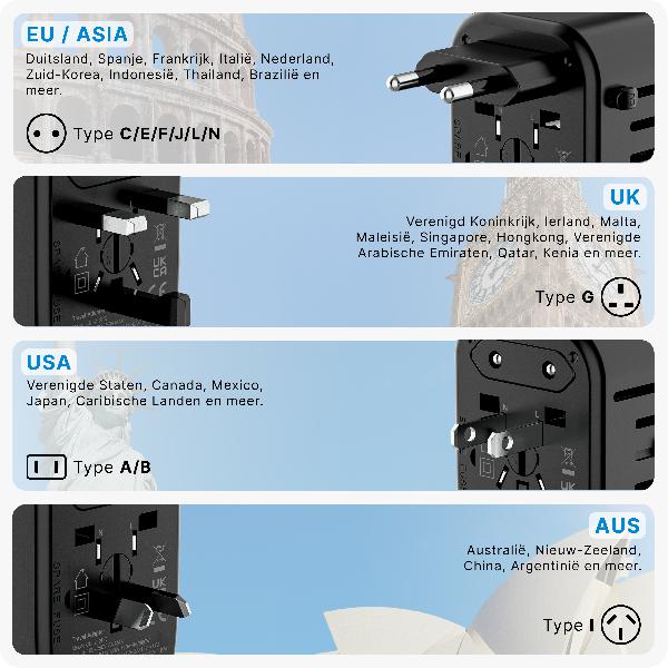 Voomy Travel Y26 - 20W - Reisstekker Wereld - 170+ Landen - 4 USB Poorten - Wereldstekker Universeel - Zwart // Zwart