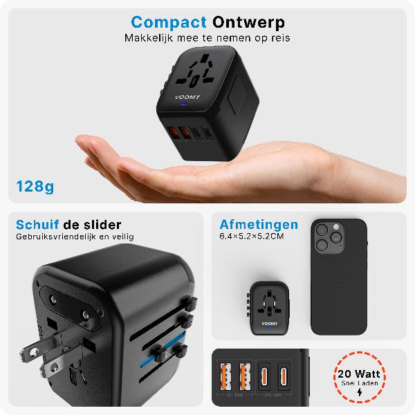 Voomy Travel Y26 - 20W - Reisstekker Wereld - 170+ Landen - 4 USB Poorten - Wereldstekker Universeel - Zwart // Zwart