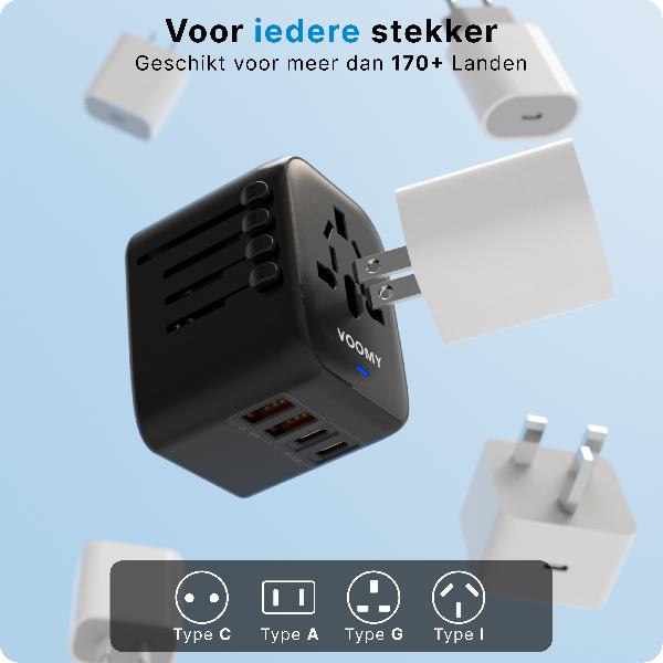 Voomy Travel Y26 - 20W - Reisstekker Wereld - 170+ Landen - 4 USB Poorten - Wereldstekker Universeel - Zwart // Zwart