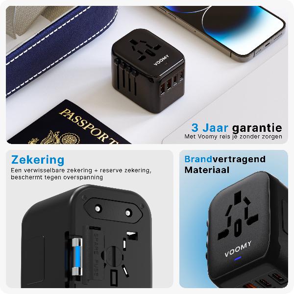 Voomy Travel Y26 - 20W - Reisstekker Wereld - 170+ Landen - 4 USB Poorten - Wereldstekker Universeel - Zwart // Zwart
