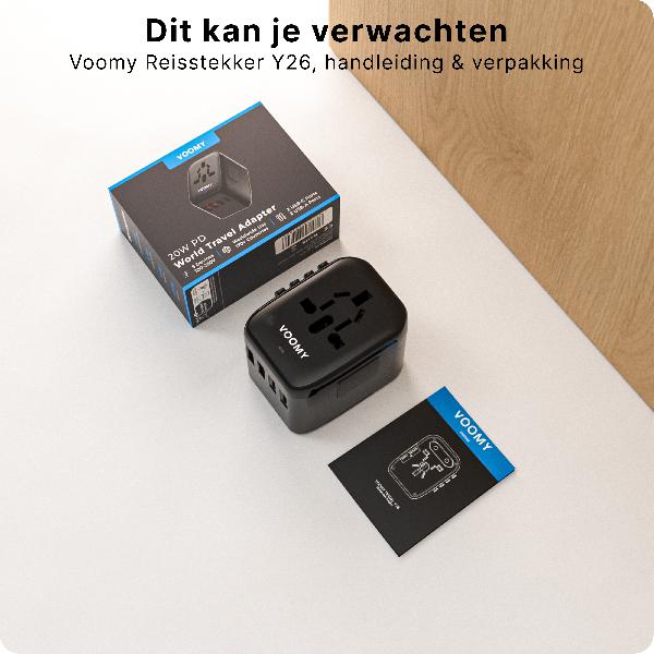Voomy Travel Y26 - 20W - Reisstekker Wereld - 170+ Landen - 4 USB Poorten - Wereldstekker Universeel - Zwart // Zwart