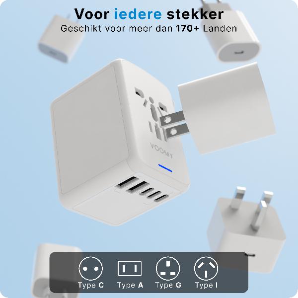 Voomy Travel Y29 - Reisstekker Wereld - 170+ Landen - 5 USB Poorten - Wereldstekker Universeel - Wit // Wit