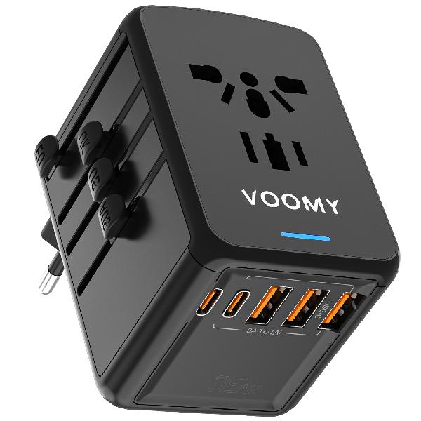 Voomy Travel Y30 - Reisstekker Wereld - 35W Snellader - 2 USB C - 3 USB A // Zwart