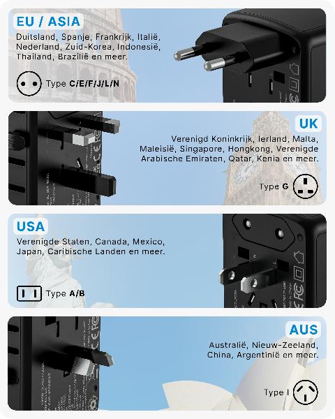 Voomy Travel Y30 - Reisstekker Wereld - 35W Snellader - 2 USB C - 3 USB A // Zwart