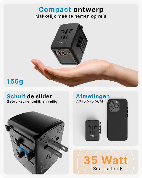 Voomy Travel Y30 - Reisstekker Wereld - 35W Snellader - 2 USB C - 3 USB A // Zwart