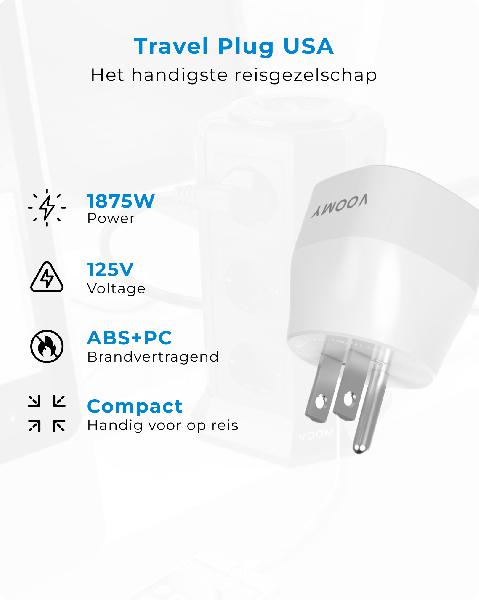 Voomy - Reisstekker Amerika / USA - Wereldstekker Type B - Wit // Wit
